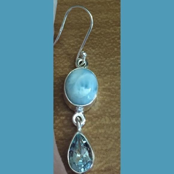 New Genuine Larimar / Blue Topaz / 925 Sterling Silver Earrings Larimar Earrings - Picture 4 of 10